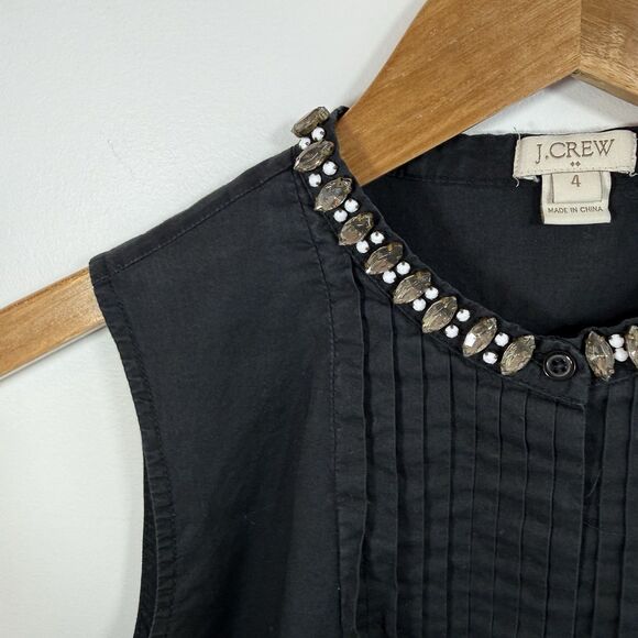 J CREW Blouse Top 4 Pleated High Neck Black Embellished Crystal Sleeveless - Picture 4 of 8